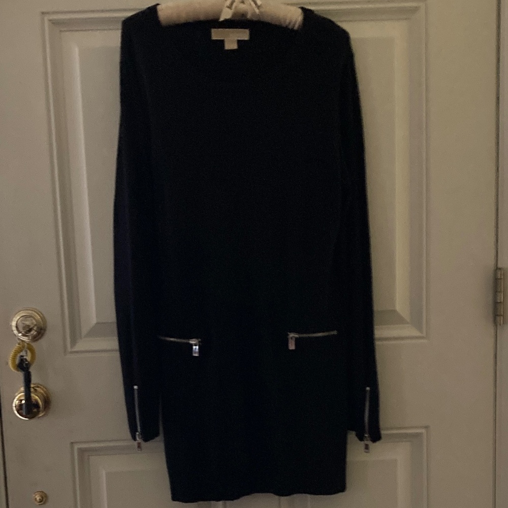 Michael Kors Black Sweater Dress/TunicZip Accents on Long Sleeves & Pockets/L